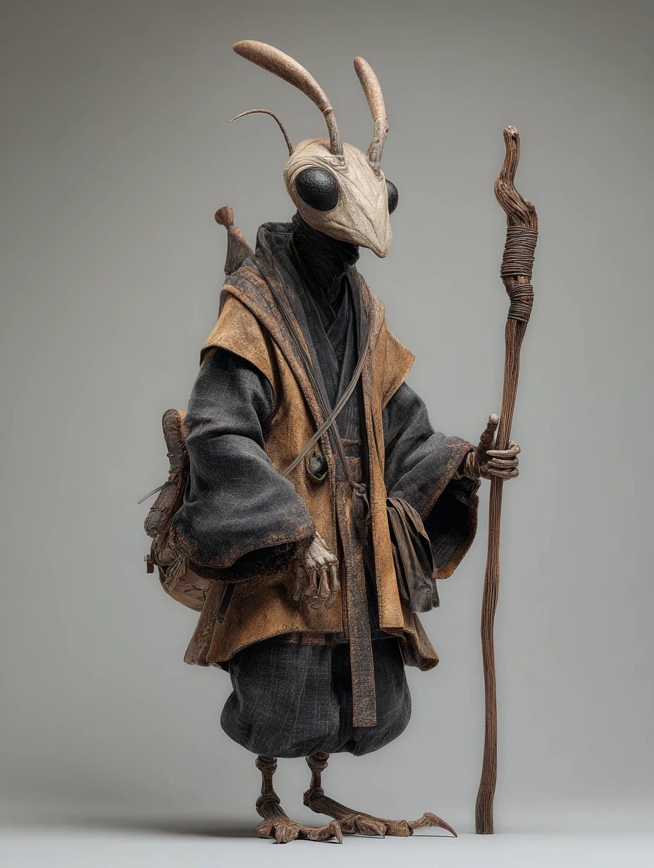 Wise ant humanoid wizard holding a staff in 3D art
