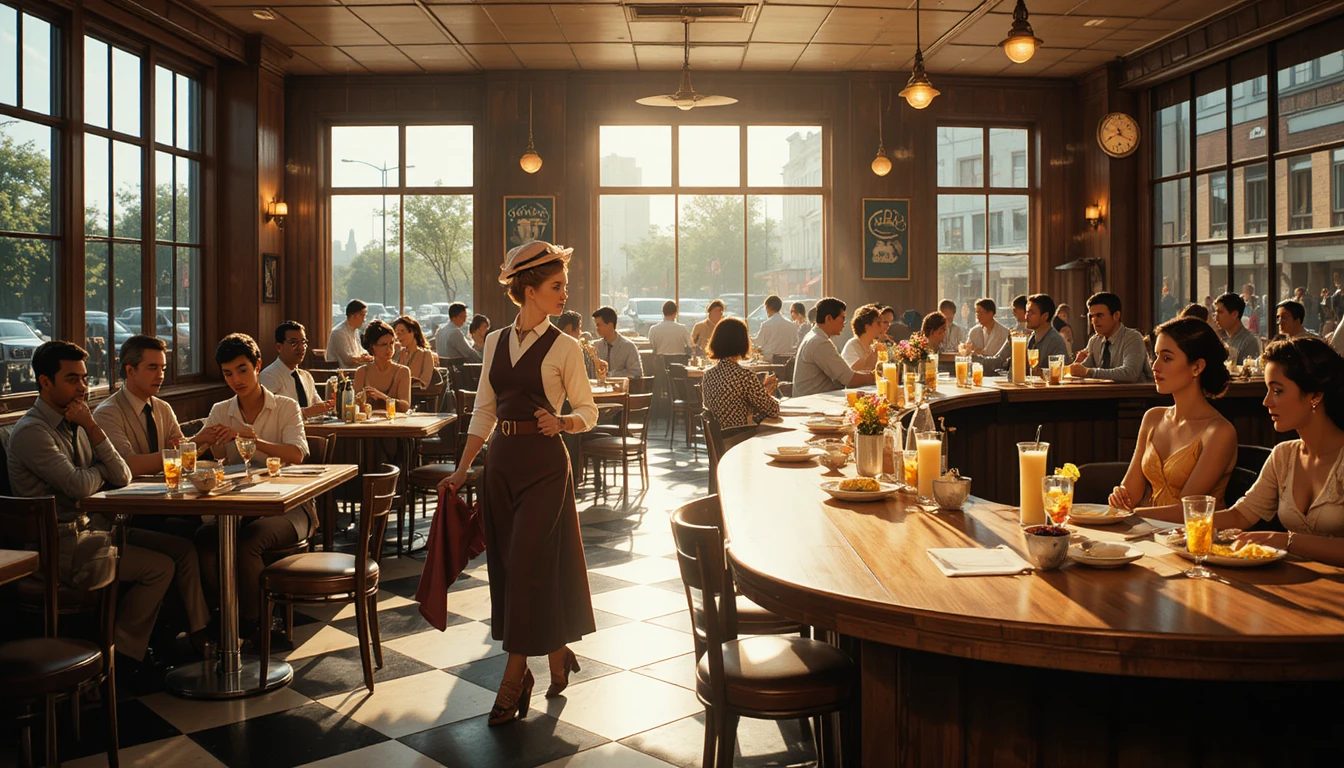 Busy 1950s diner waitress serving milkshakes in warm sunlight