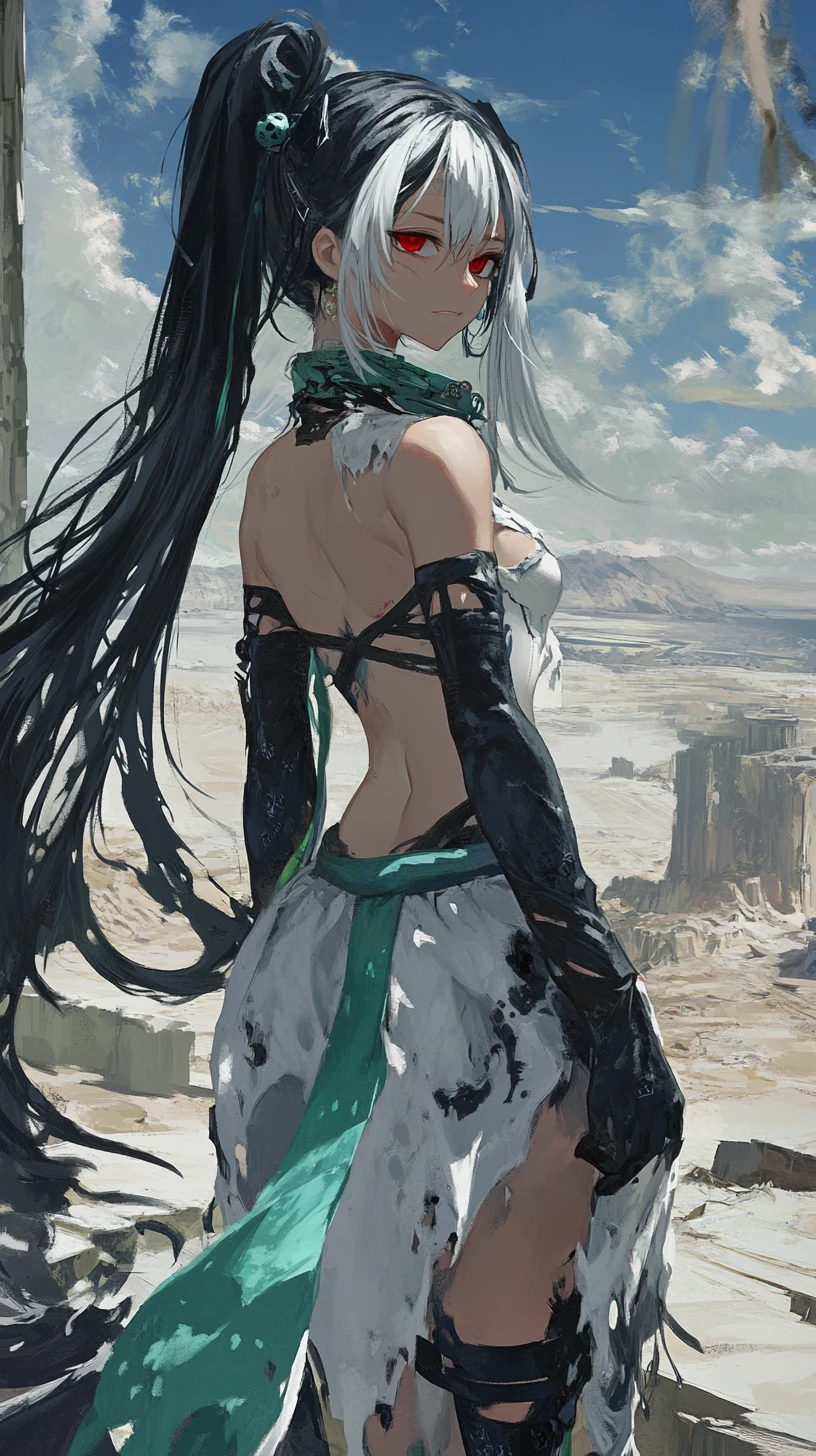 Anime girl on tower balcony overlooking desert ruins