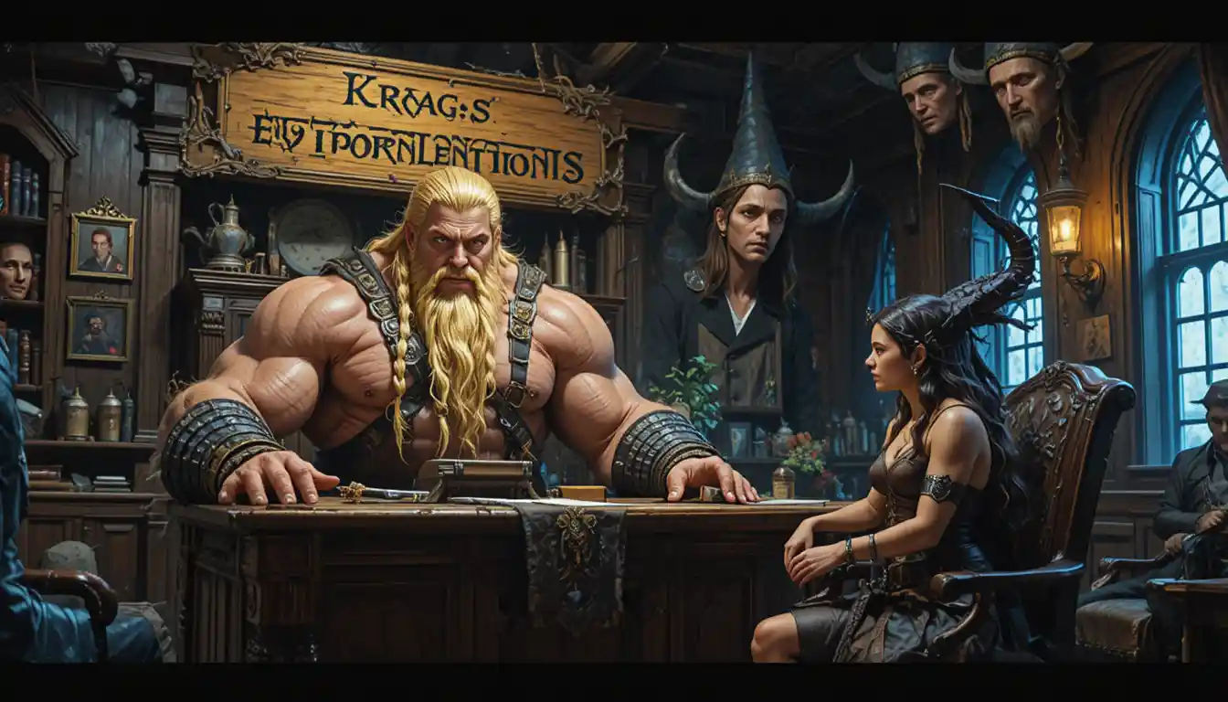 Muscled barbarian at a fantasy desk with wizard trophies