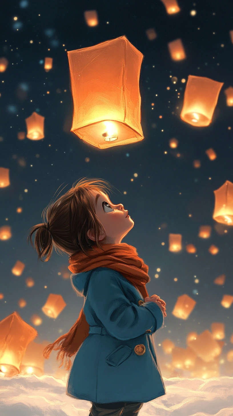 Little child watching glowing lanterns in a dreamy night sky