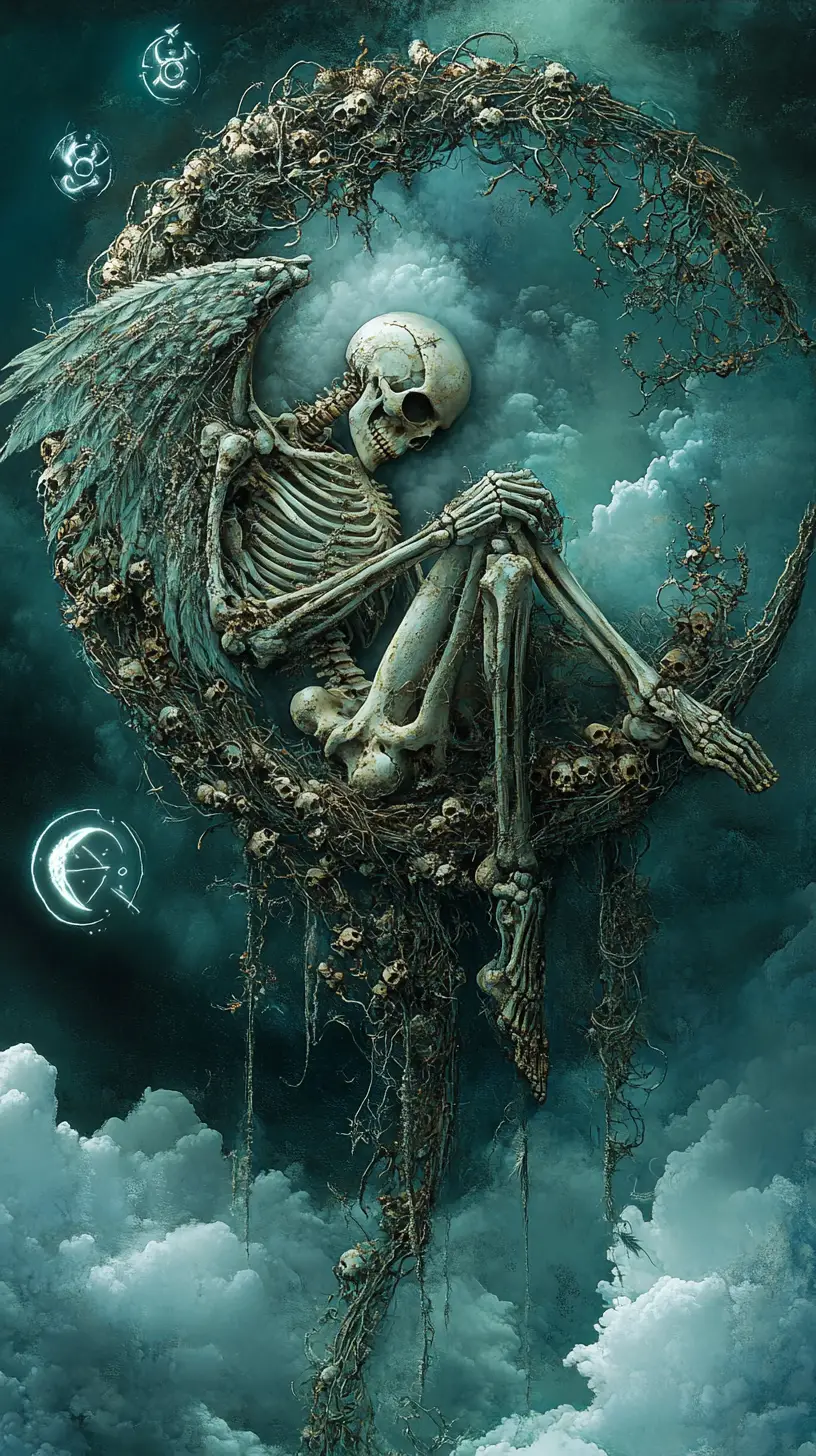 Skeletal guardian curled within a crescent of bones and vines