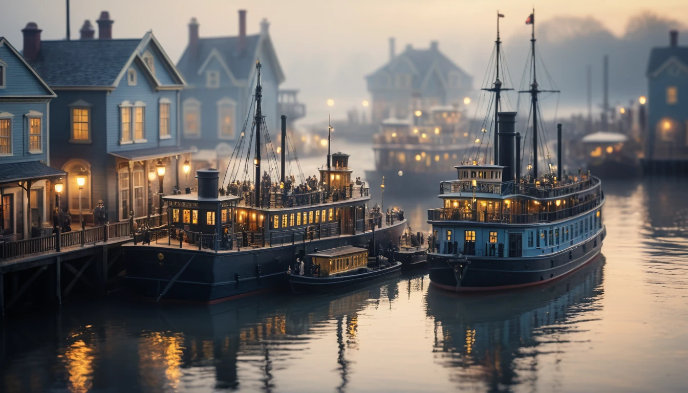 Tilt shift miniature Victorian steamship at foggy harbor dawn