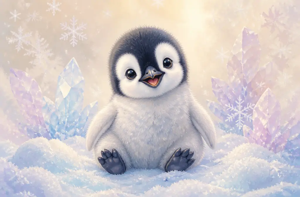 Cute baby penguin illustration on soft snowy background