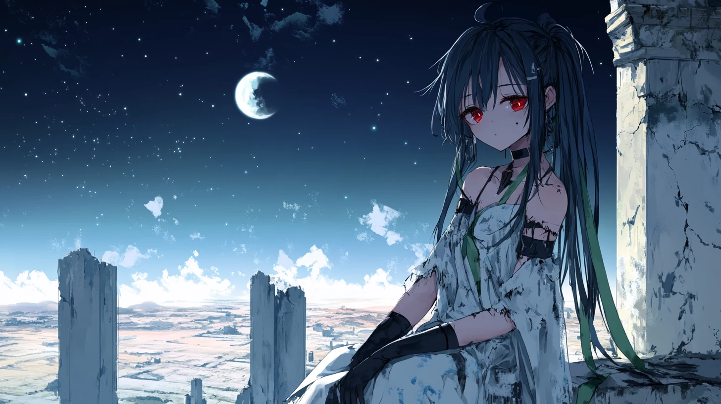 Anime girl on a tower balcony overlooking desert ruins at night