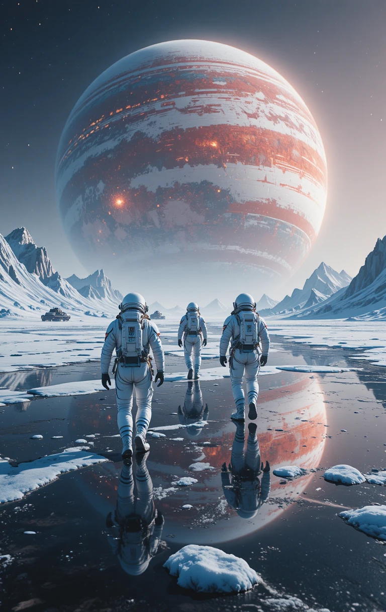 Astronauts crossing icy alien ground toward a giant striped planet