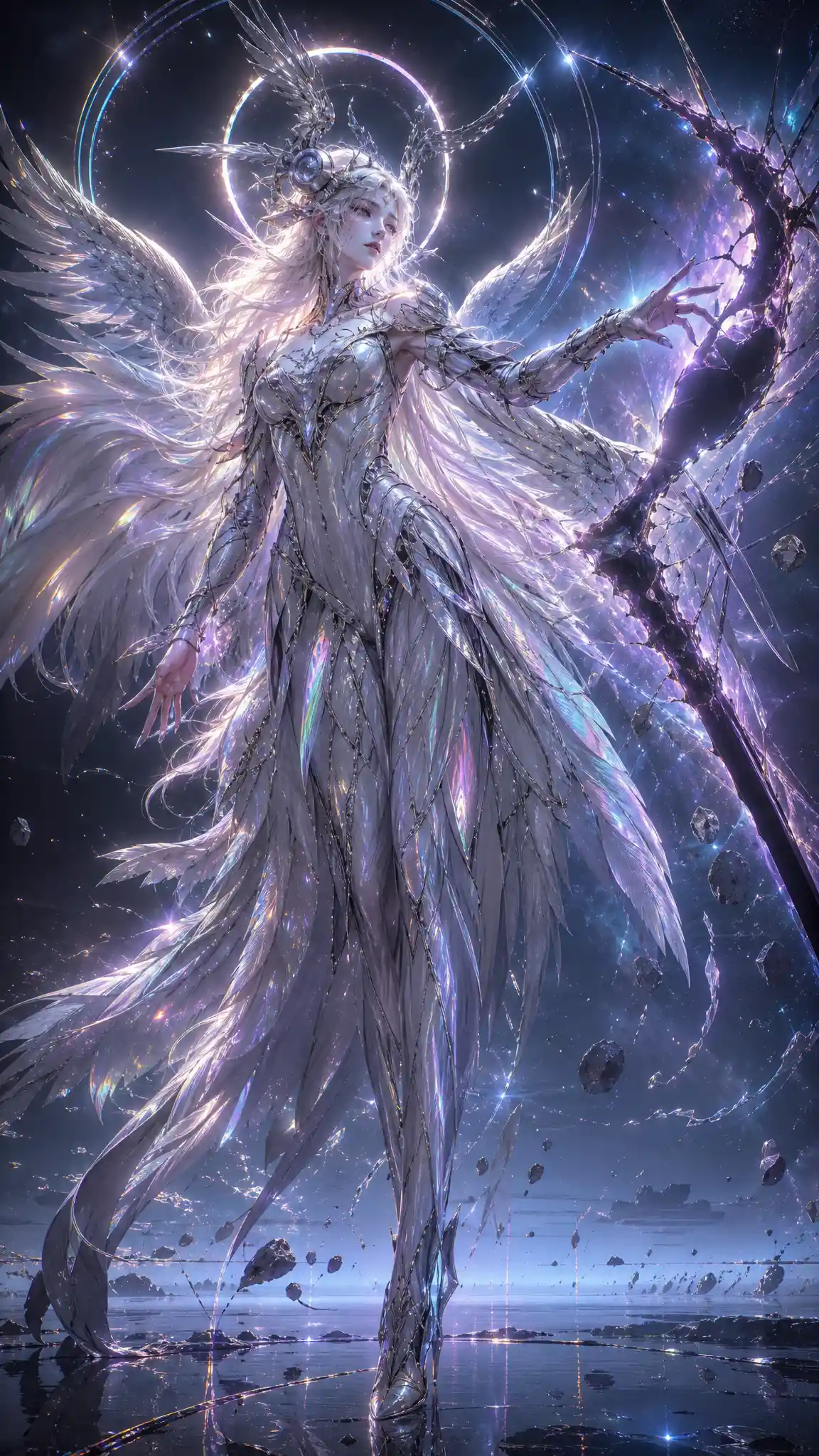 Melancholic 3D maiden with cyberpunk horns and halo