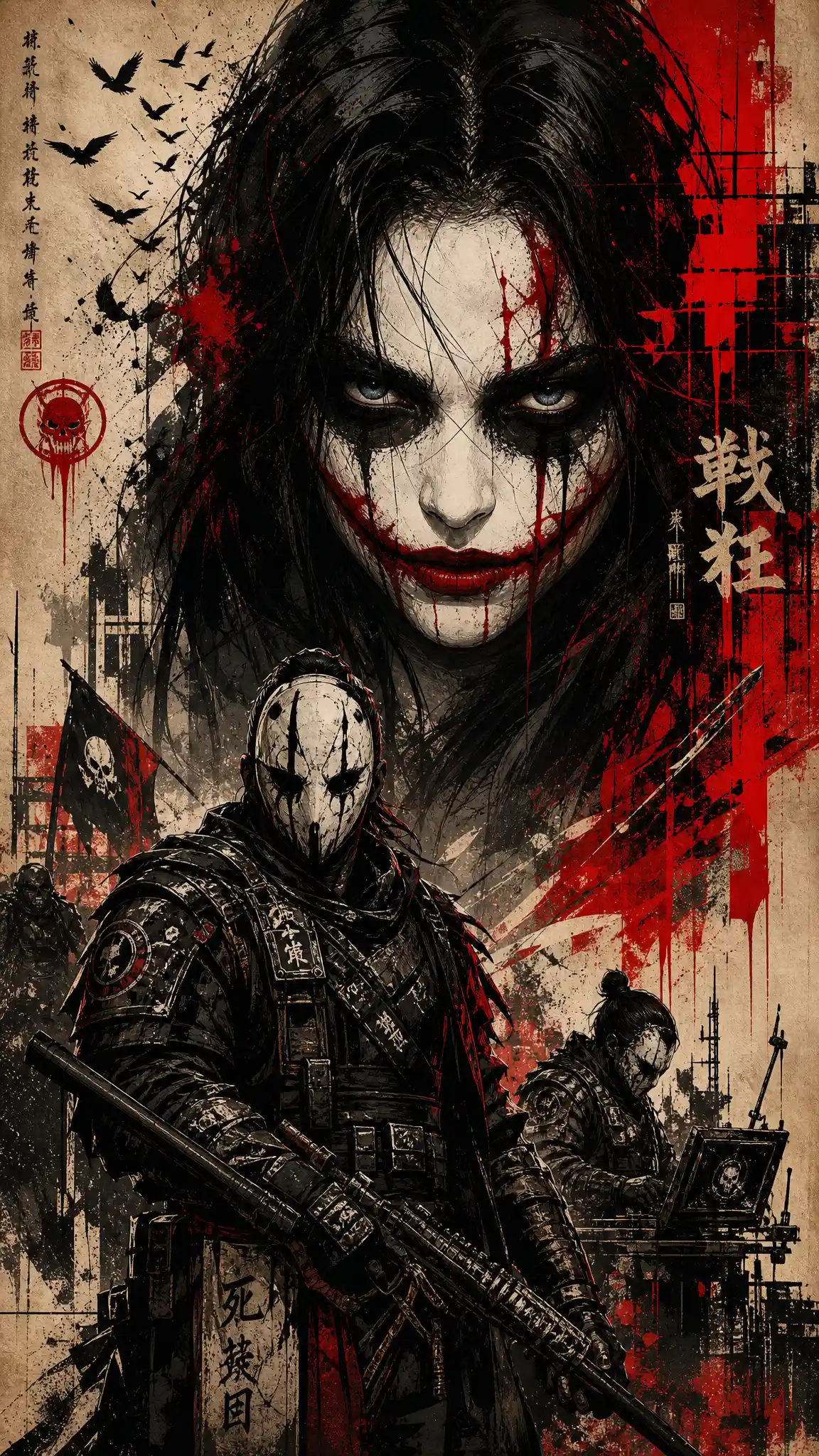 Sinister clown painted woman with bloodstained smile portrait