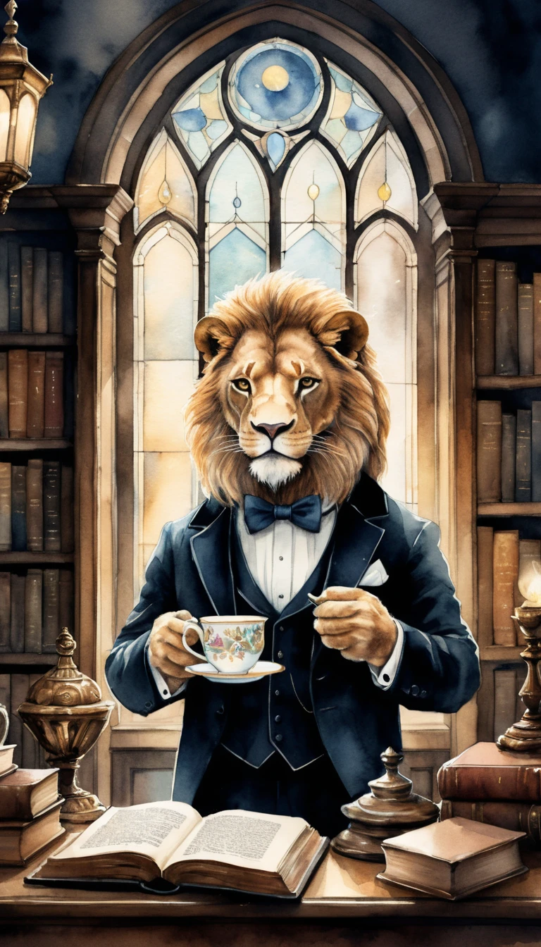 Anthropomorphic Lion In Tuxedo Sipping Tea In Moonlit Library