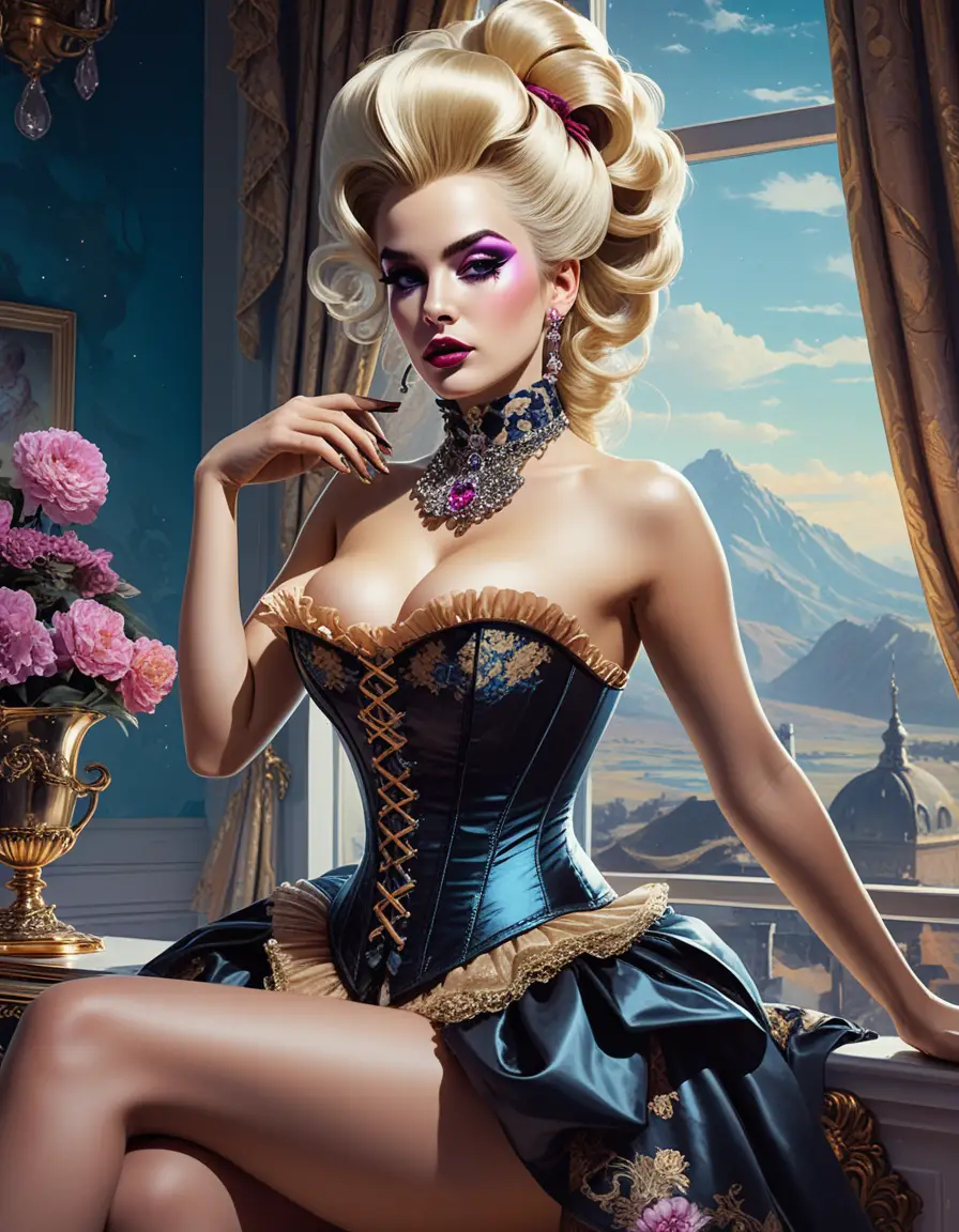 Fantasy courtesan in rococo corset within lavish boudoir