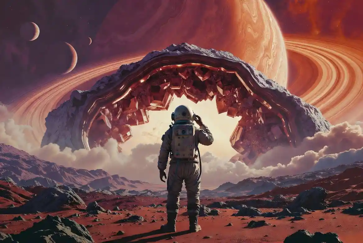 Astronaut Facing Glowing Geode On Crimson Alien Desert