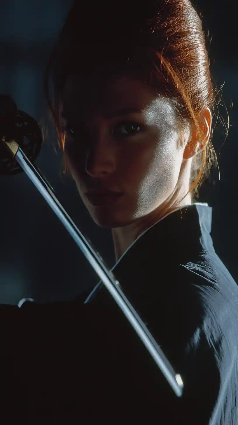 Female warrior holding a Japanese sword in cinematic light