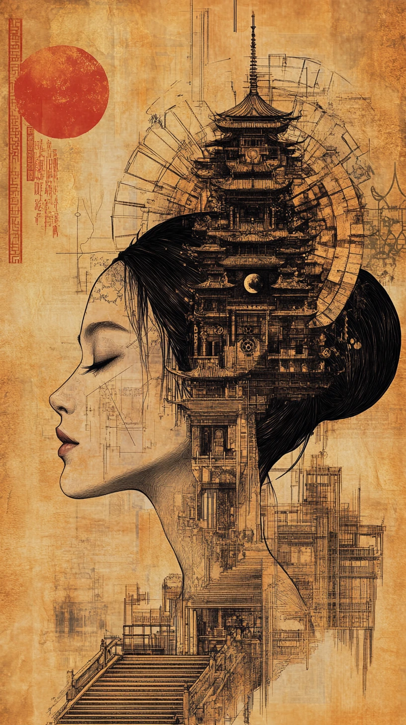 Surreal woman merging with towering pagoda and celestial headpiece