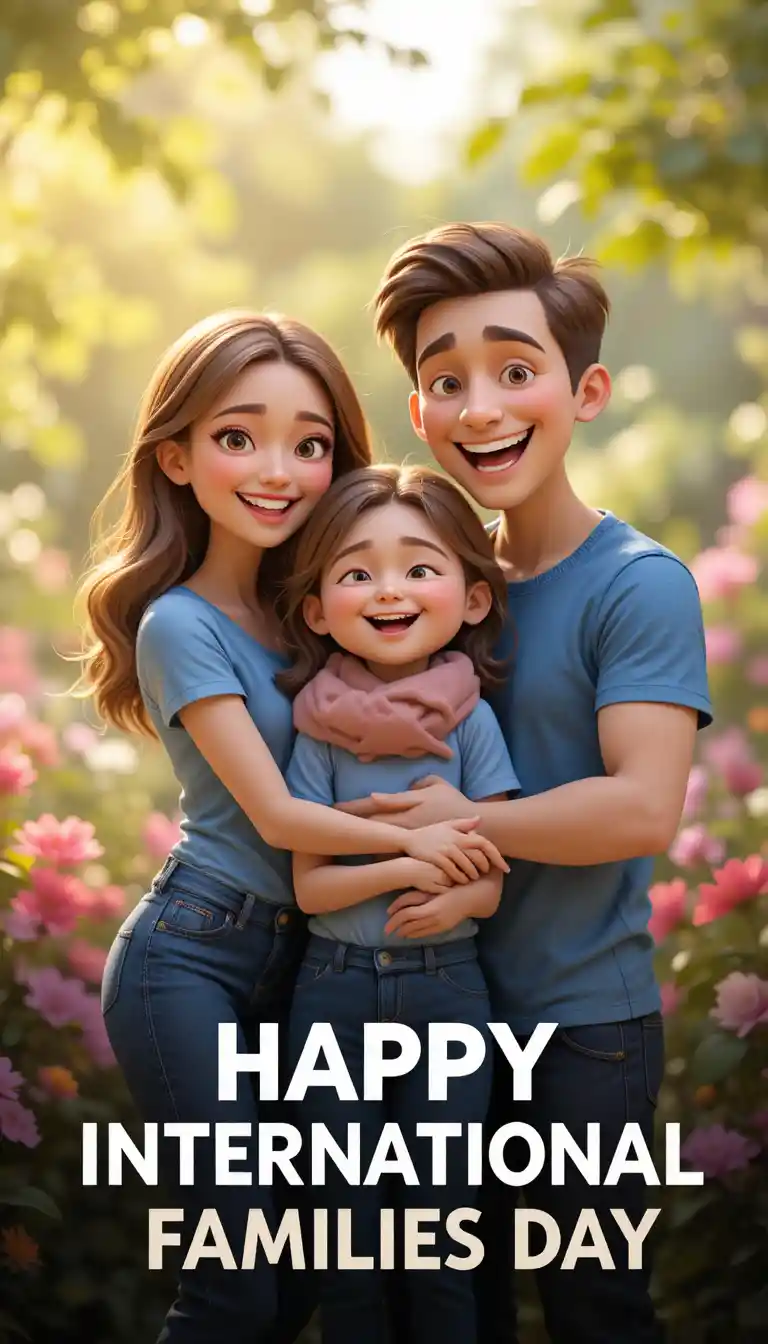 Happy cartoon family hugging in a sunny garden
