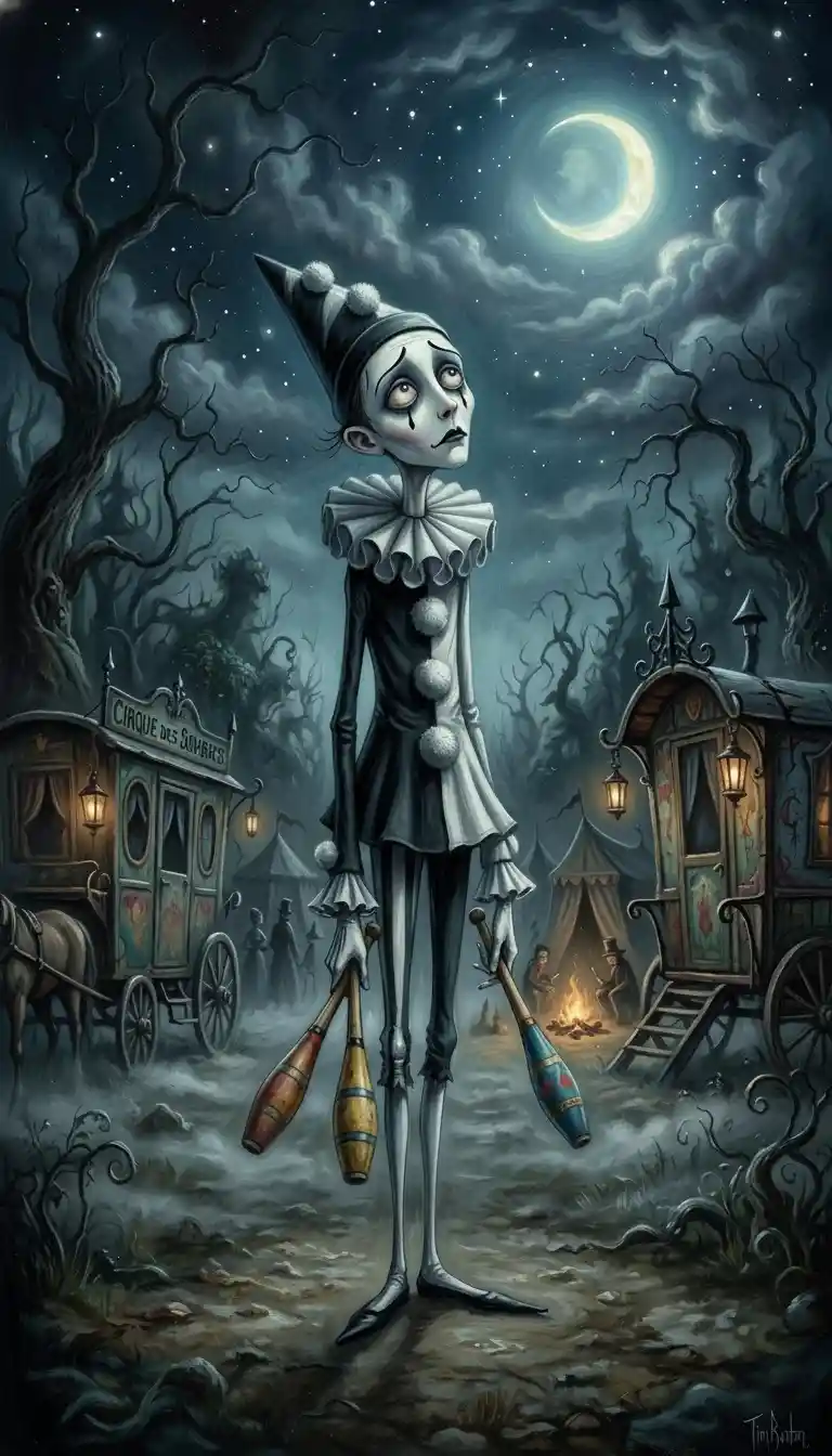 Melancholic gothic pierrot under moonlight at a medieval circus