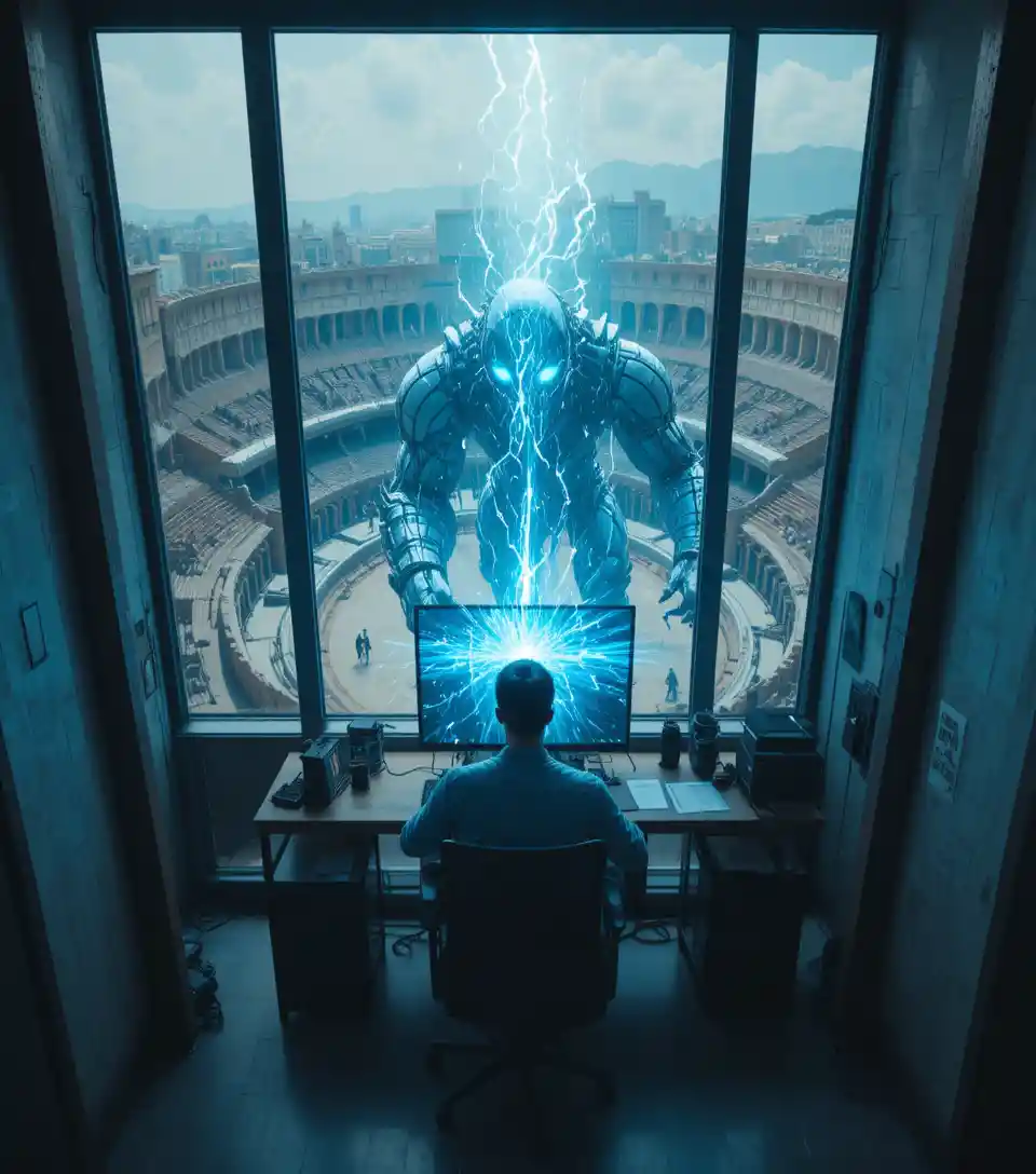 Man at computer desk lit by glowing blue monitor