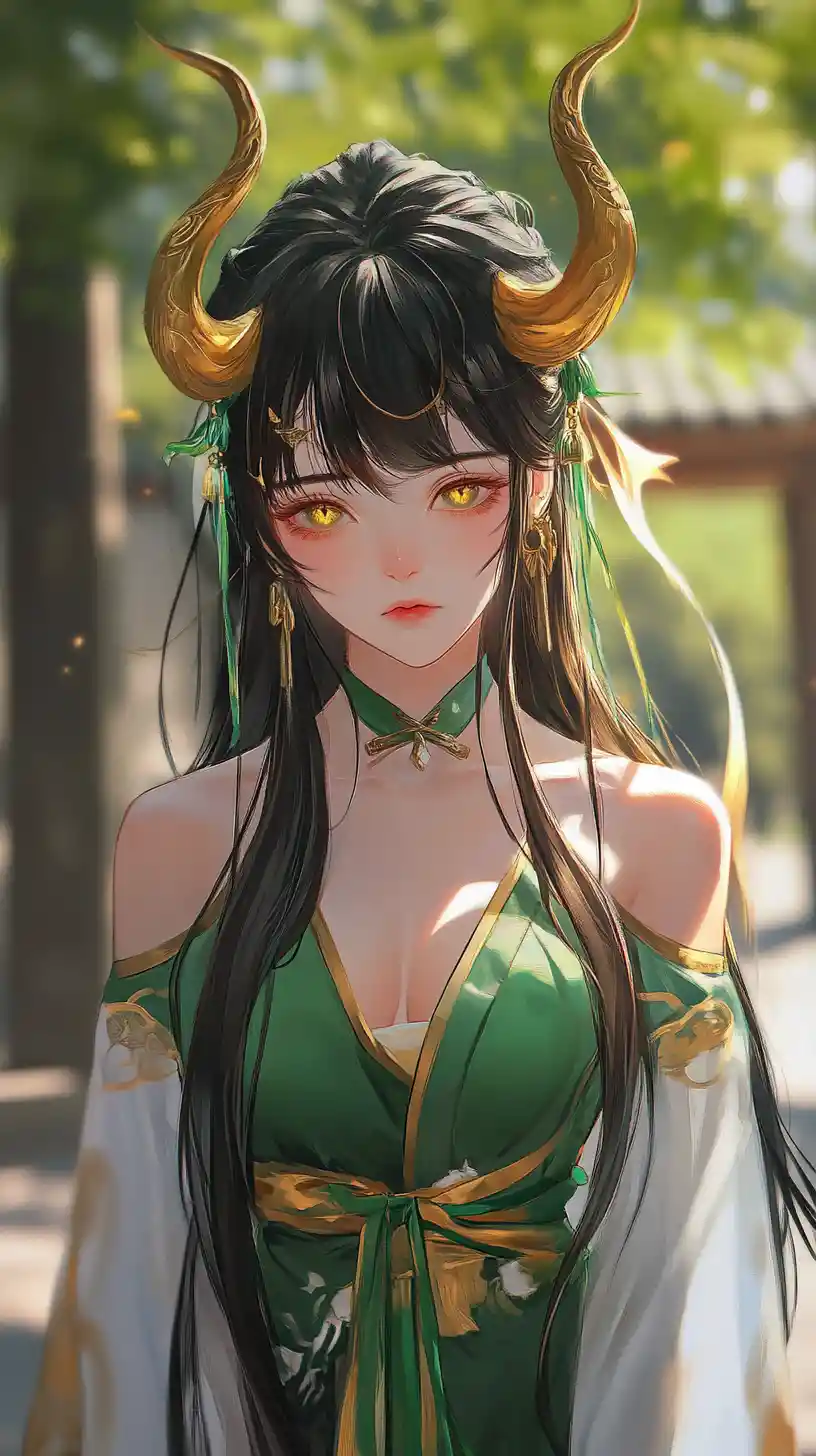 Sad horned girl in golden dress at forest temple