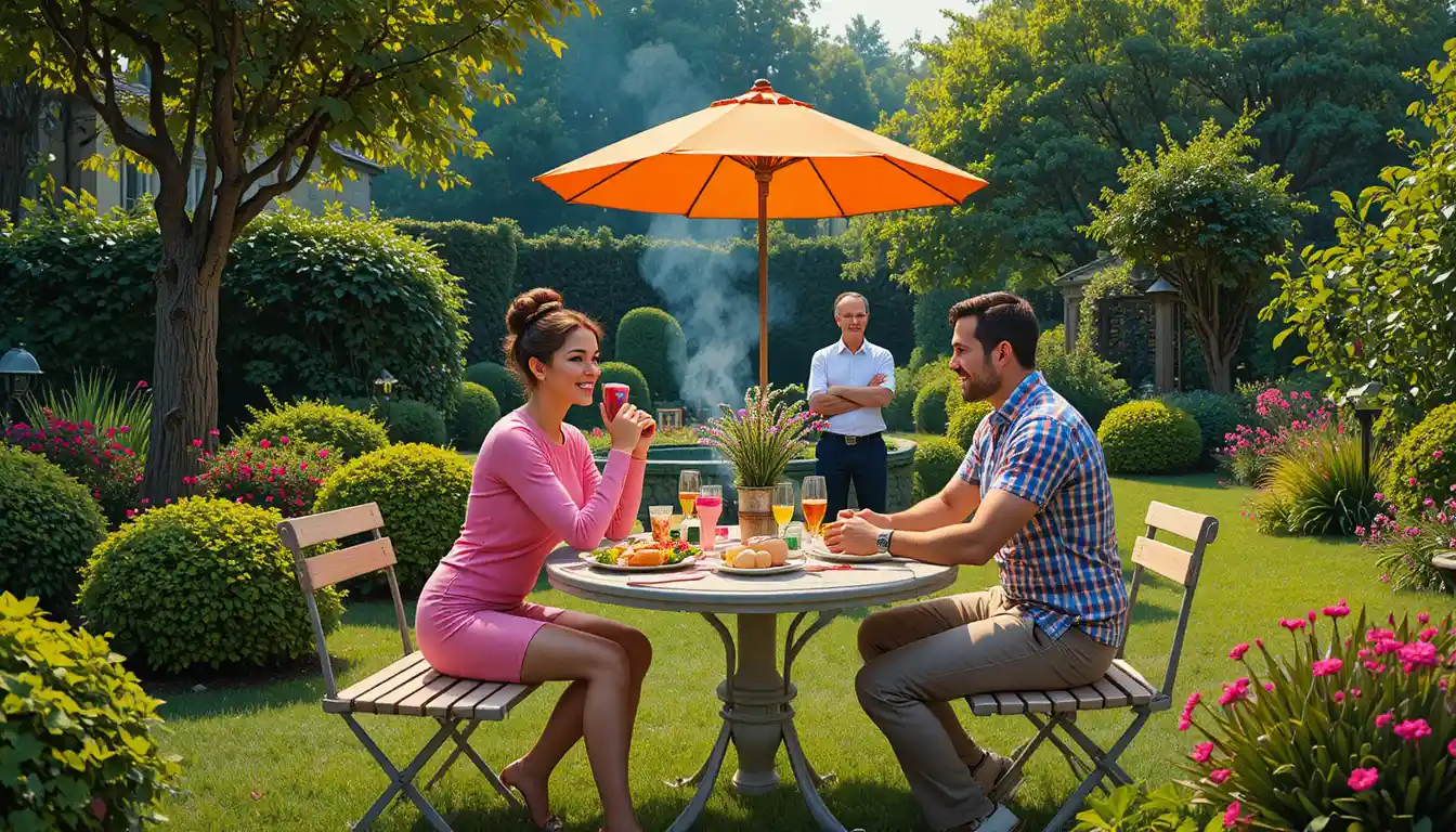 Adults preparing food at a backyard picnic table