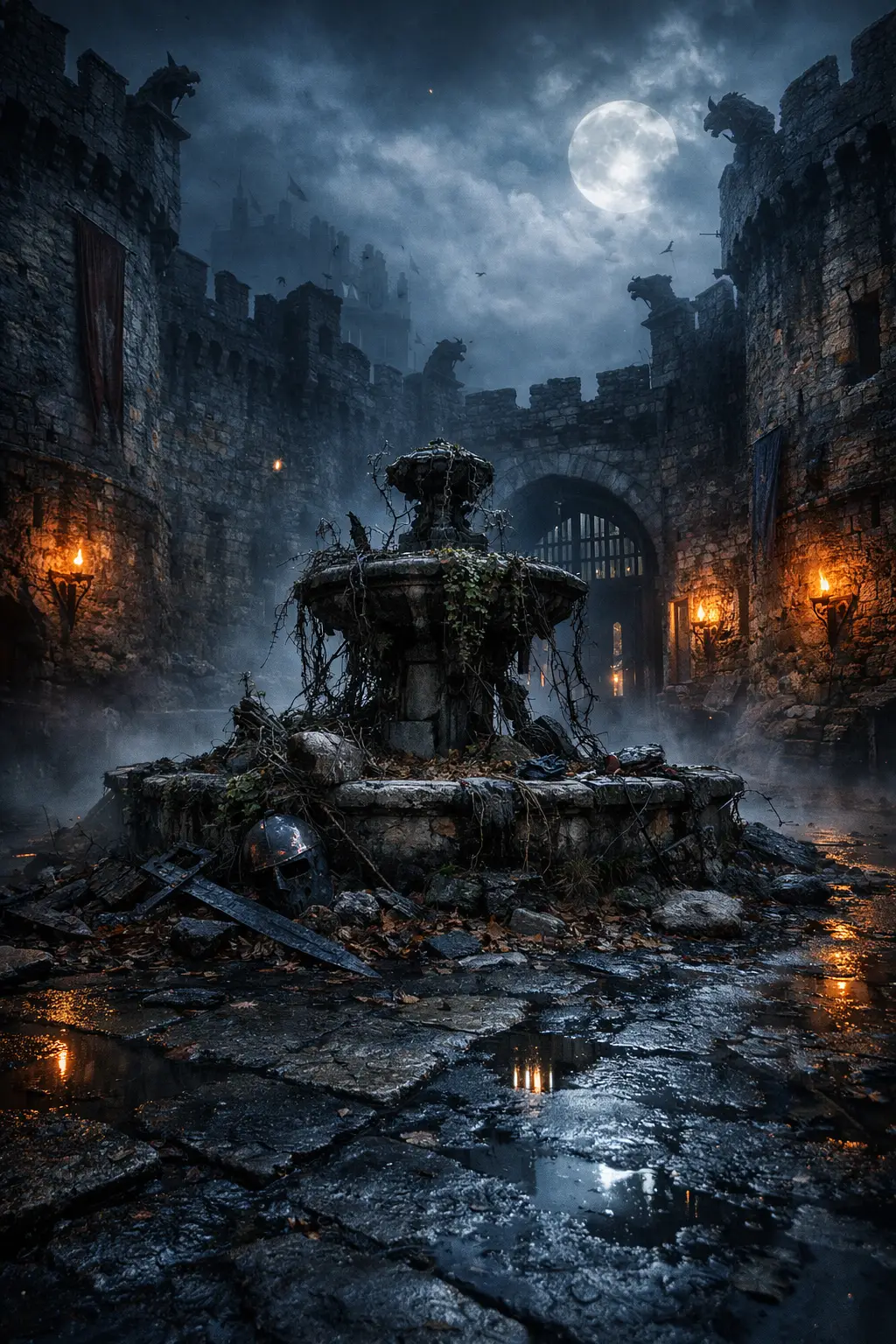 Dark Fantasy Castle Courtyard At Twilight With Broken Fountain