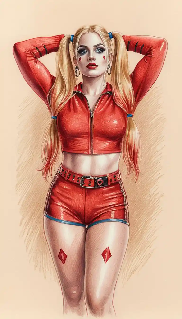 Curvy blonde woman in red latex outfit posing confidently