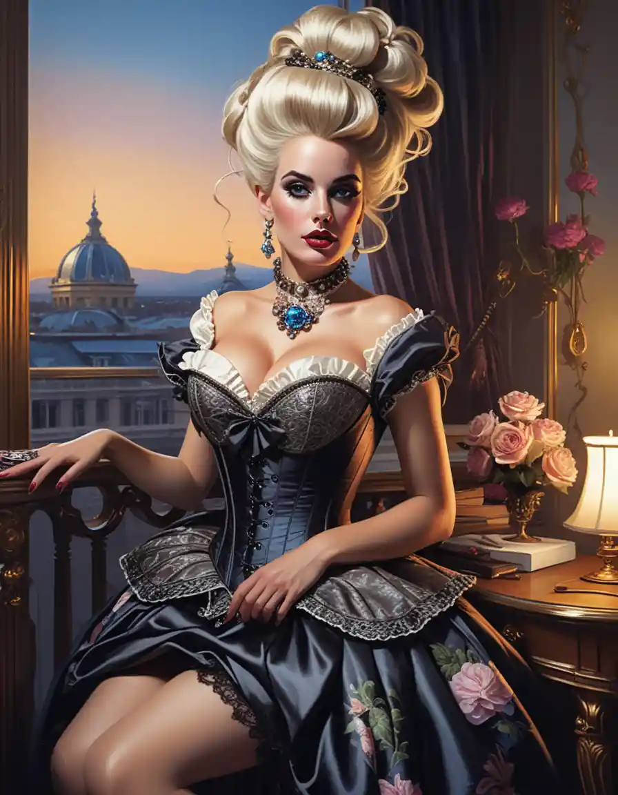 Blonde courtesan in rococo corset in lavish boudoir