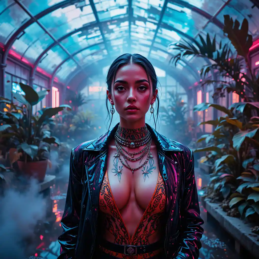 Cyberpunk fashion model in neon nightclub greenhouse