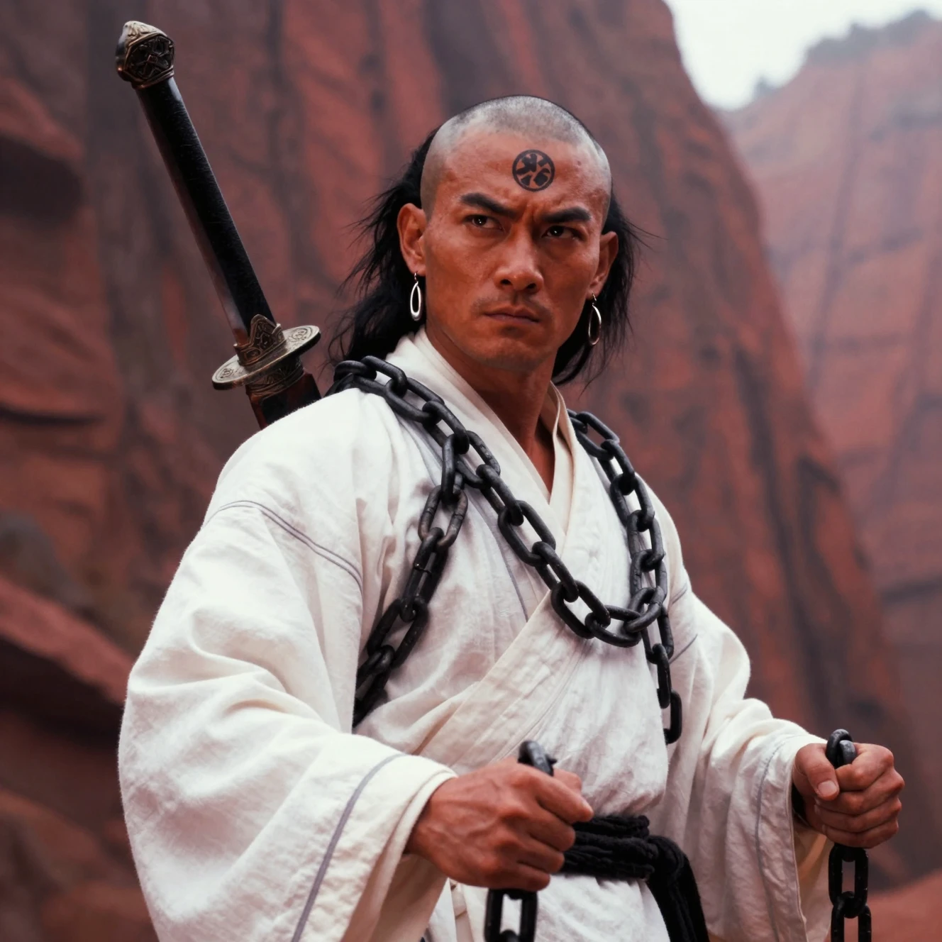 Cinematic portrait of chained martial artist in mountain pass
