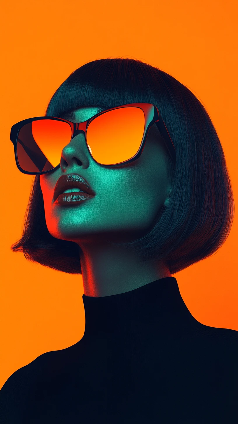 Turquoise woman in cat eye sunglasses on orange background