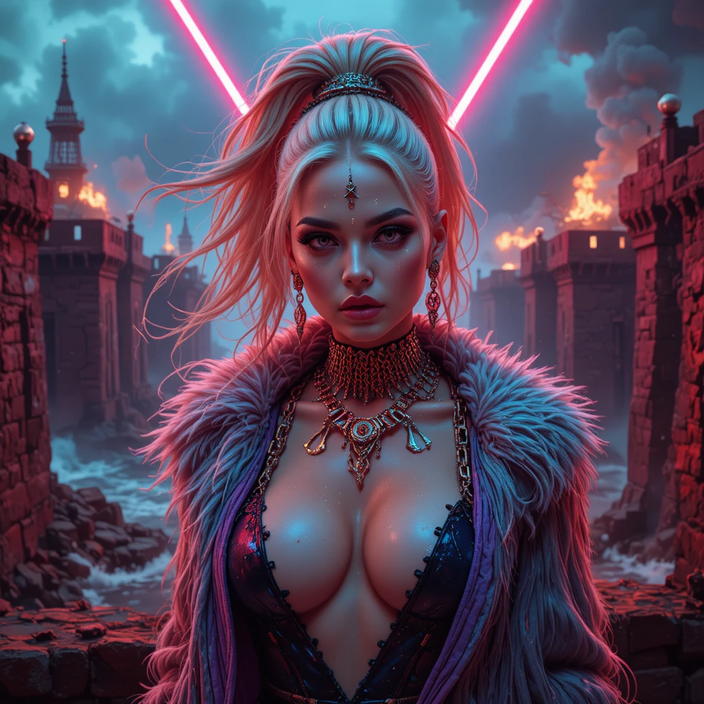 Reina pirata cyberpunk bajo láseres de neón en una fortaleza