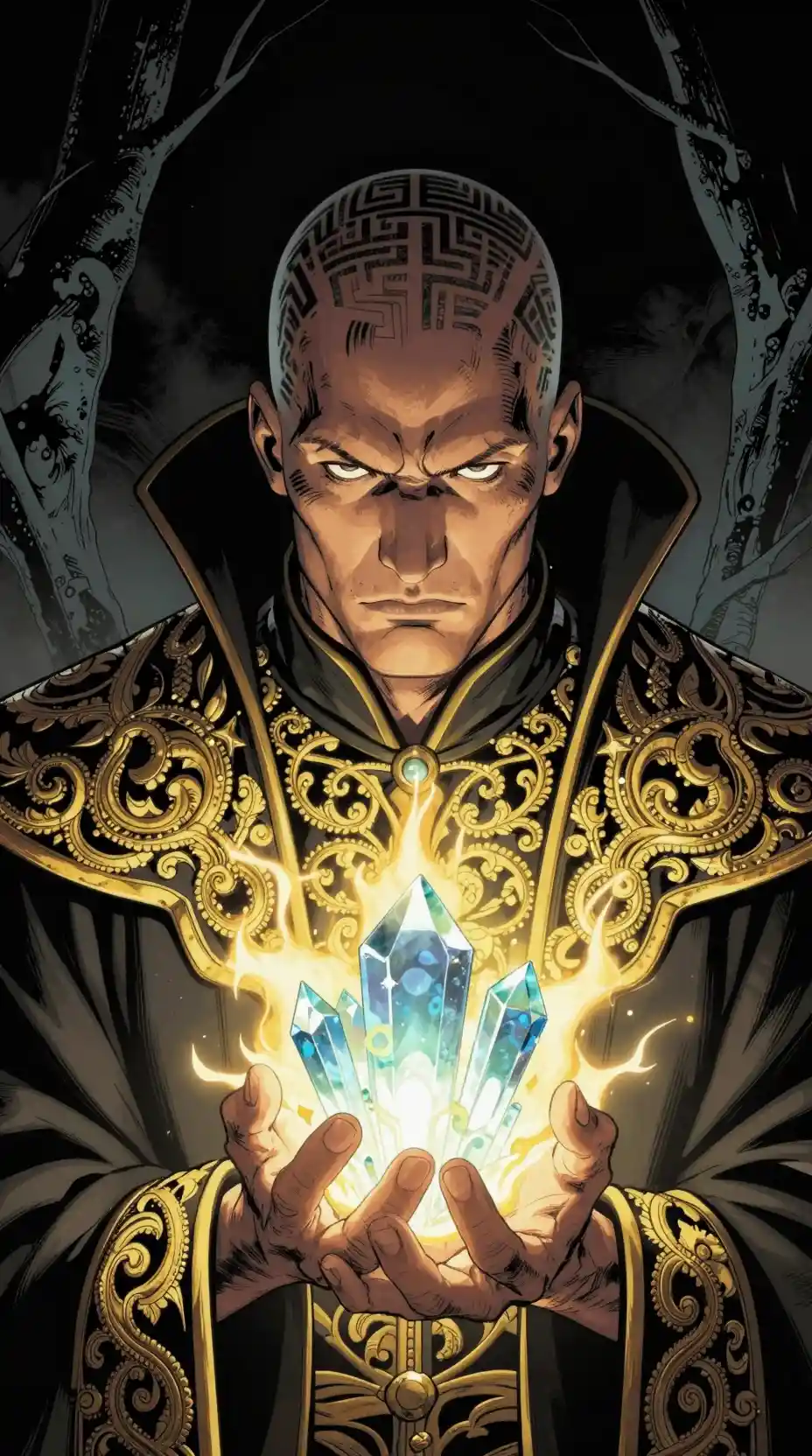 Tattooed bald man holding glowing crystalline artifact