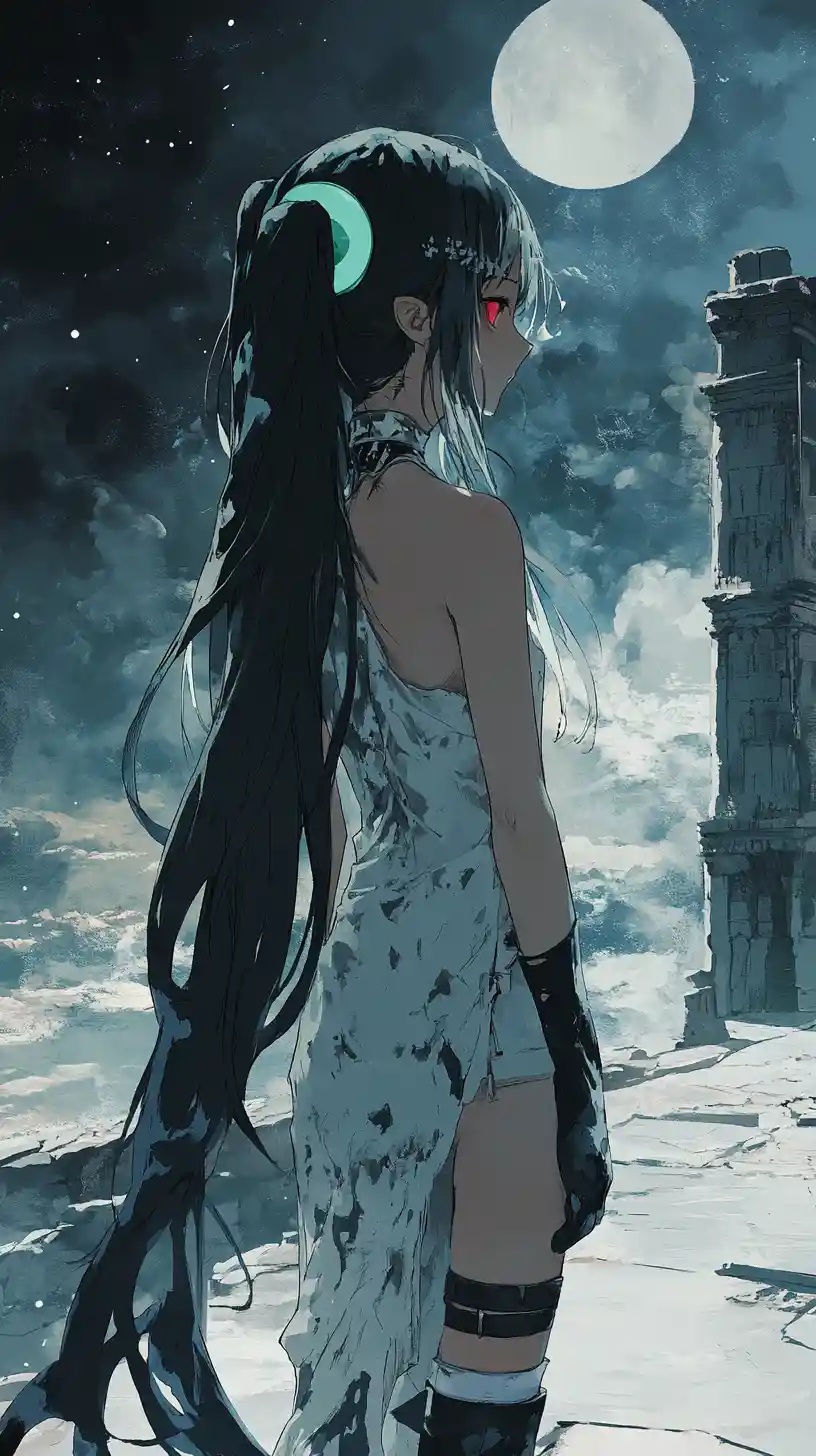 Anime girl on a tower balcony overlooking desert ruins