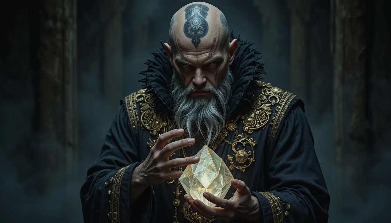 Mystical bald man holding glowing geometric crystal object