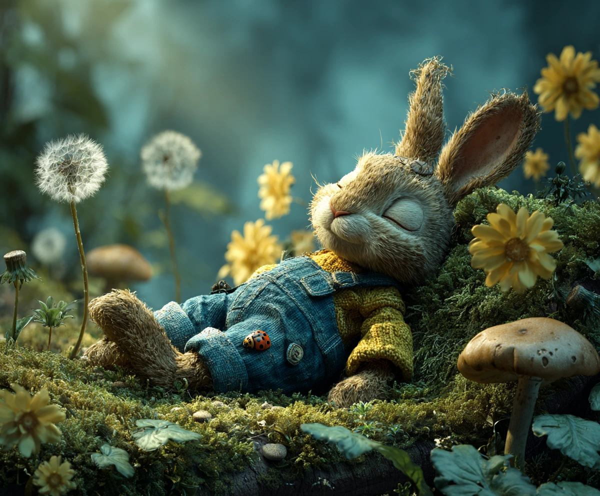 Träumender Hase in Latzhose auf einer magischen Blumenwiese