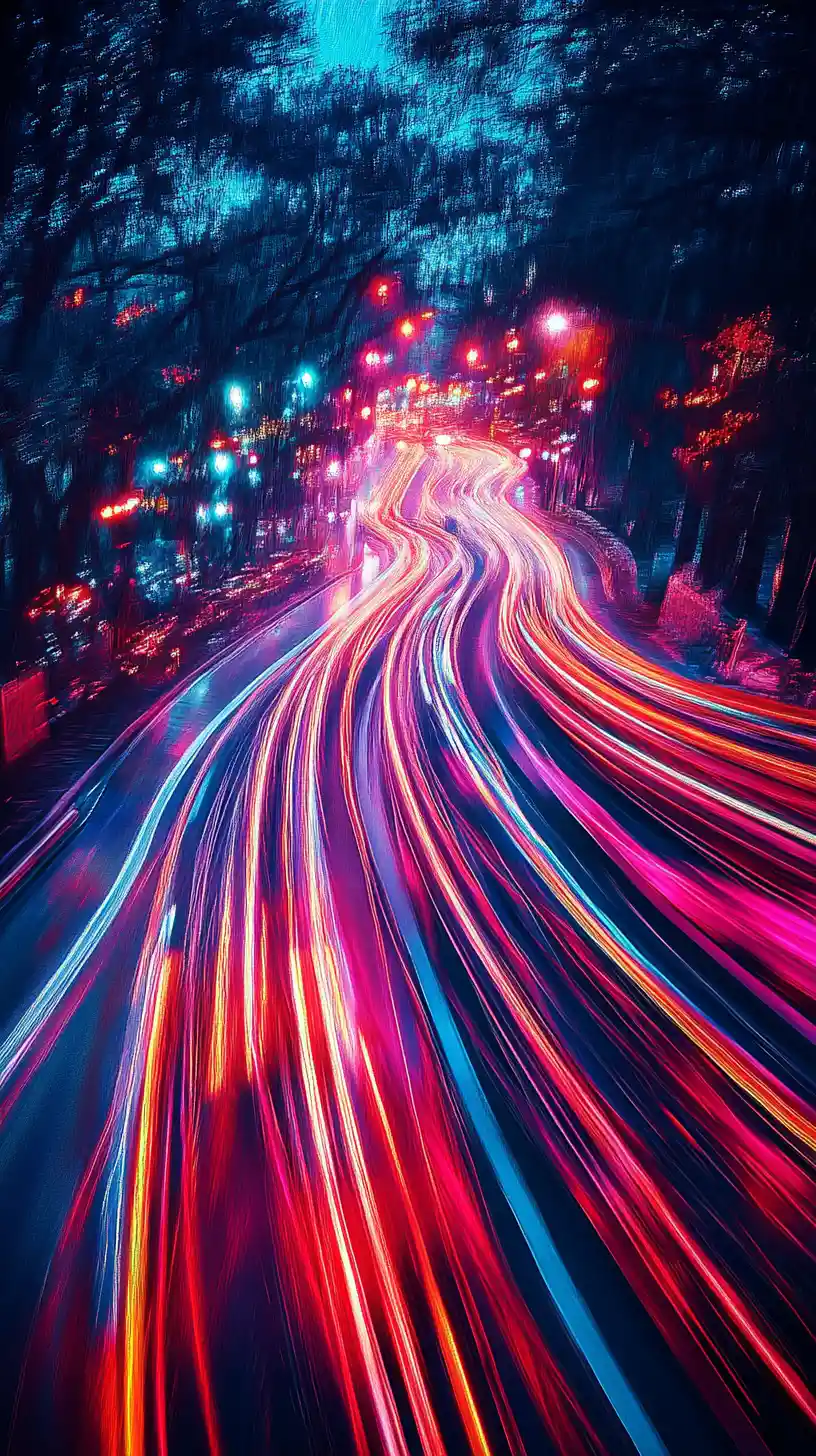 Speeding forward through city lights in rapid motion