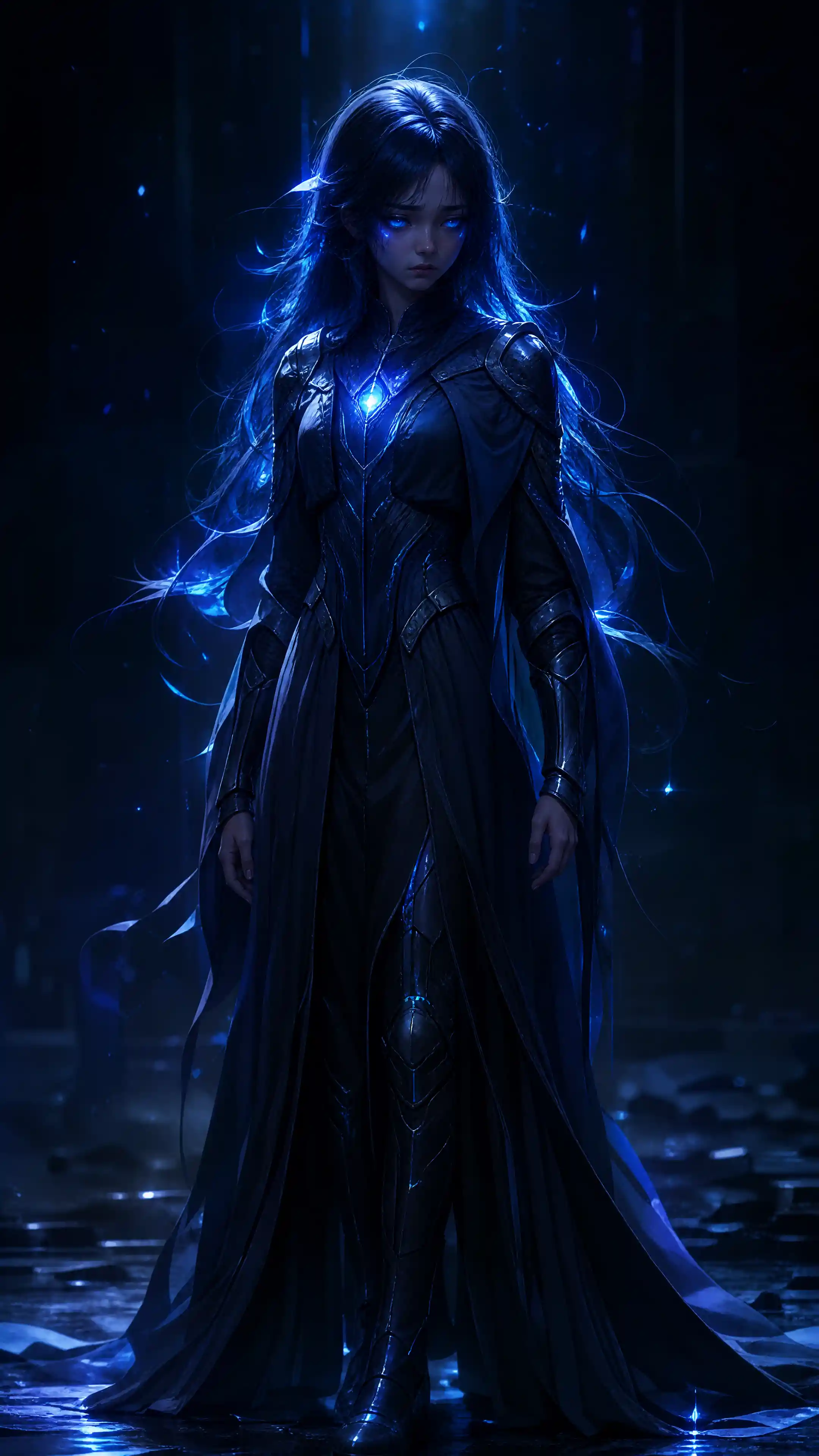 Sad 3D teenage girl with glowing eyes in cyber armor