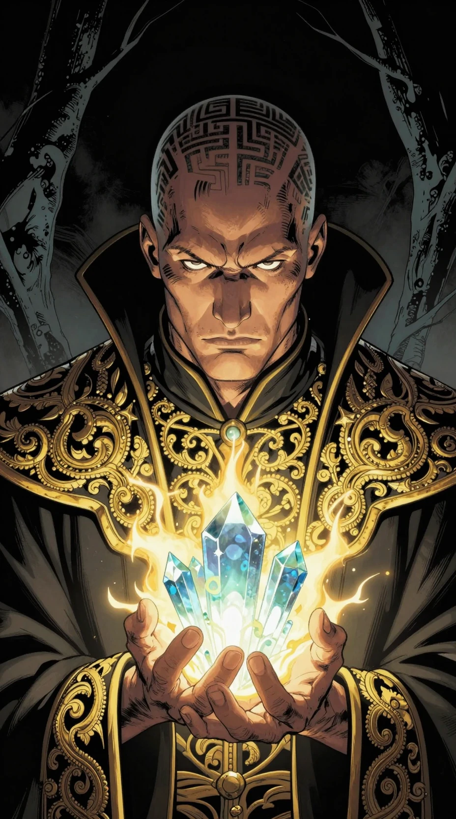 Tattooed bald man holding glowing crystalline artifact