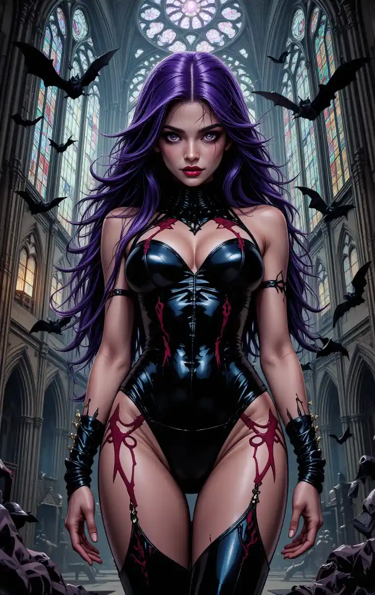 Purple haired warrior woman in latex in gothic cathedral