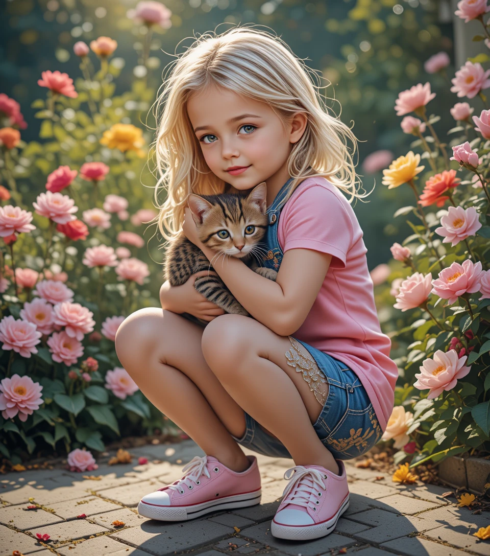 Cute blonde girl holding a kitten in a flower garden