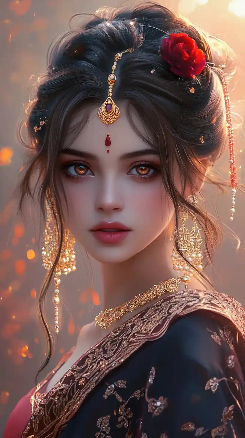 Elegant anime woman in red and gold traditional attire