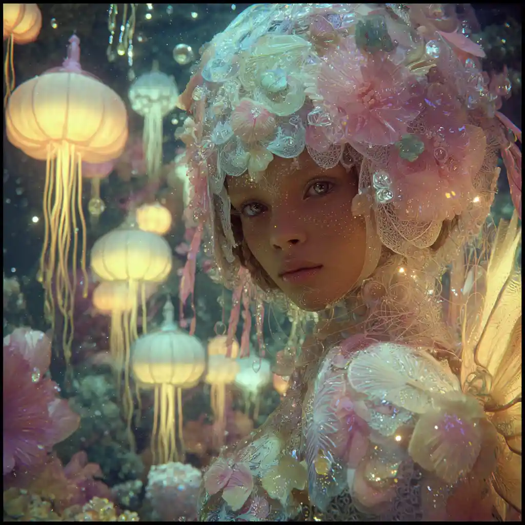 Ethereal bio engineered princess floating in glowing dreamscape