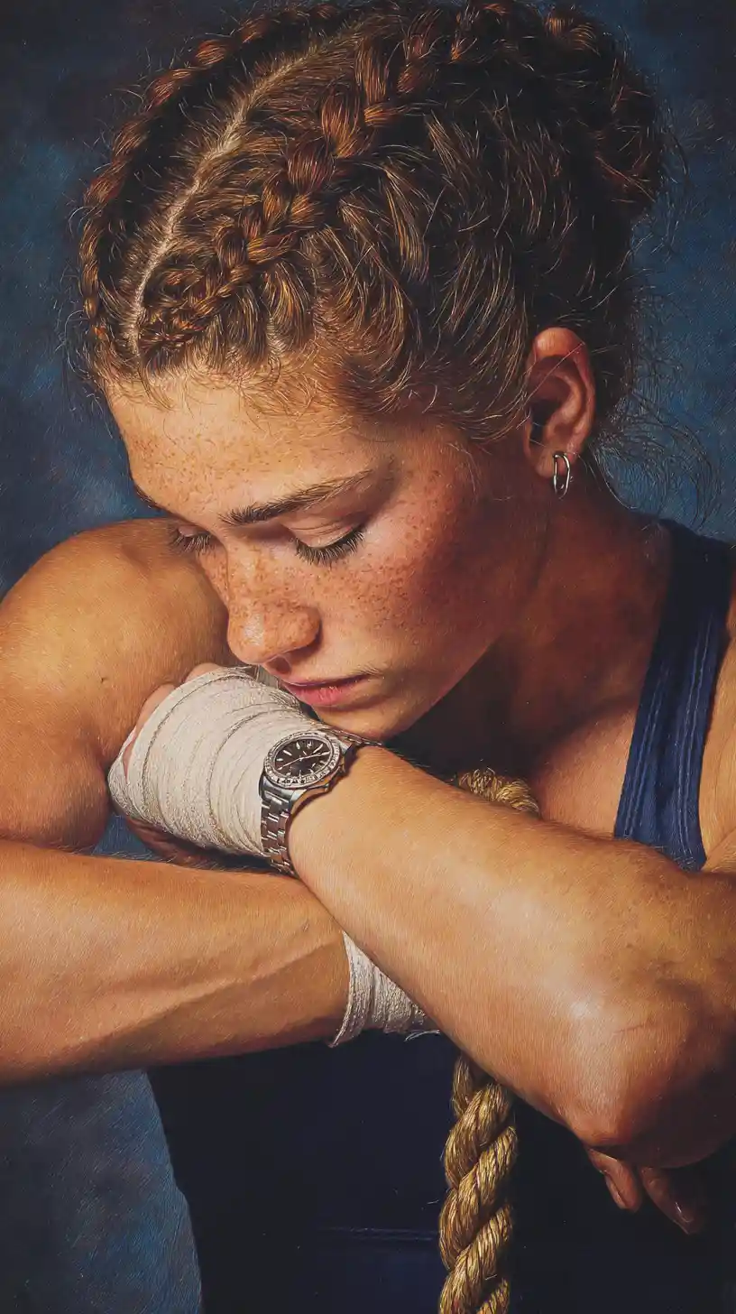 Exhausted woman boxer resting on hemp ring ropes
