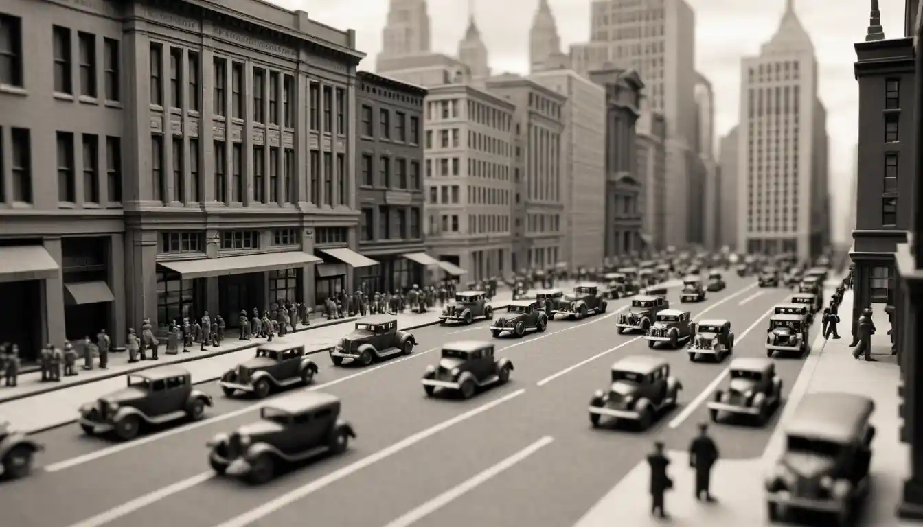 Tilt shift view of a miniature 1929 Wall Street cityscape