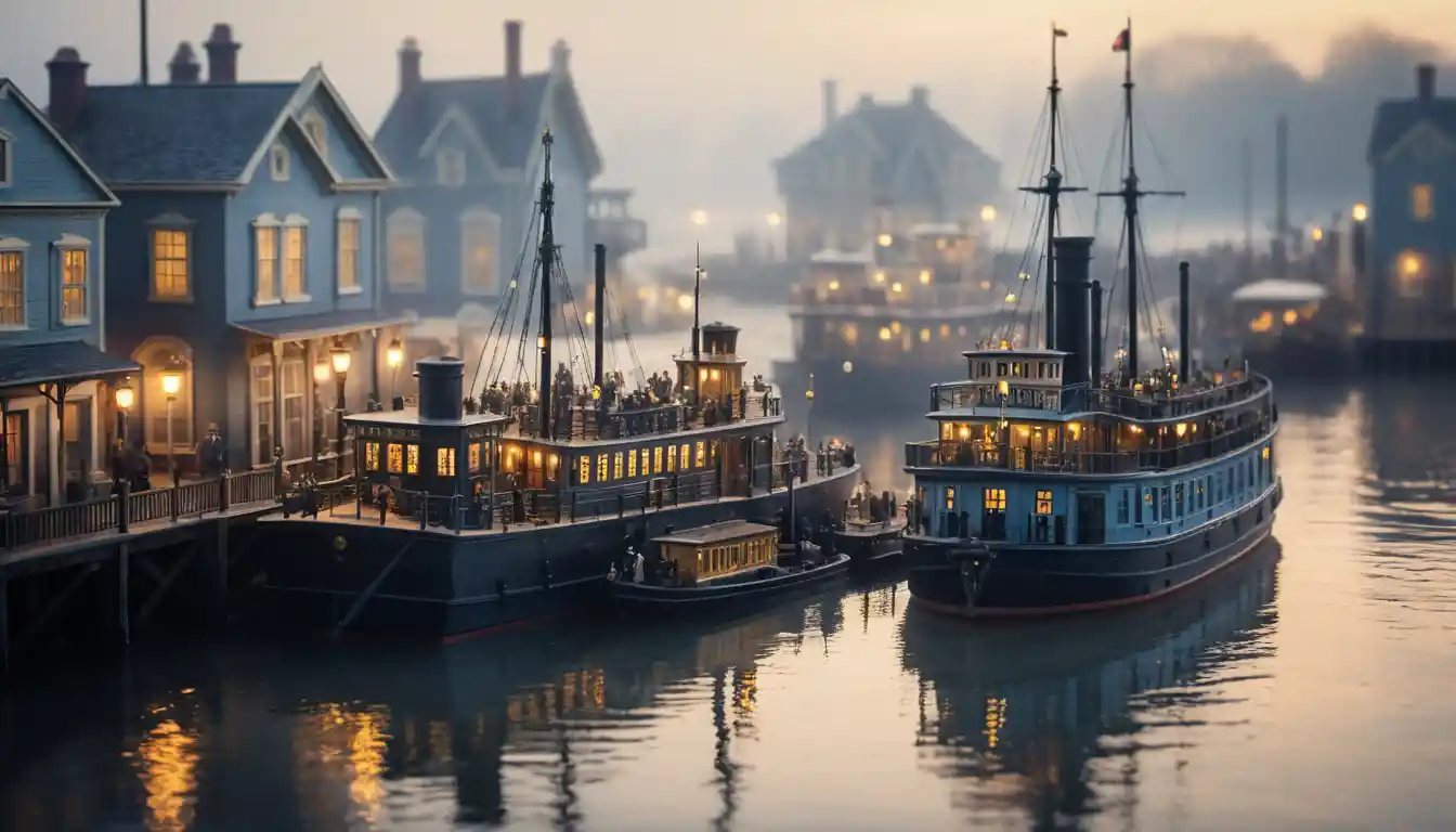 Tilt shift miniature Victorian steamship at foggy harbor dawn
