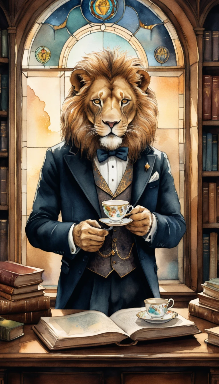 Dapper lion sipping tea in a moonlit magical library