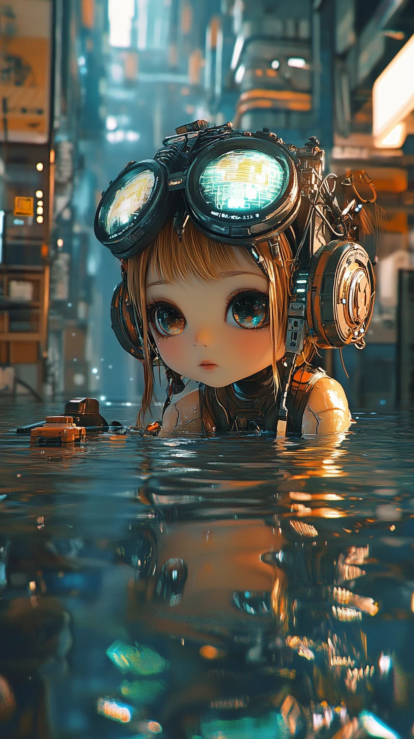 Tortuga chibi futurista con implantes cibernéticos en el agua