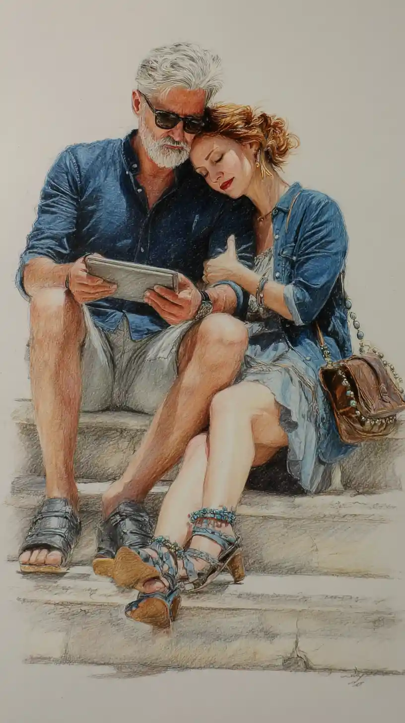 Color pencil couple portrait on stone steps in spotlight
