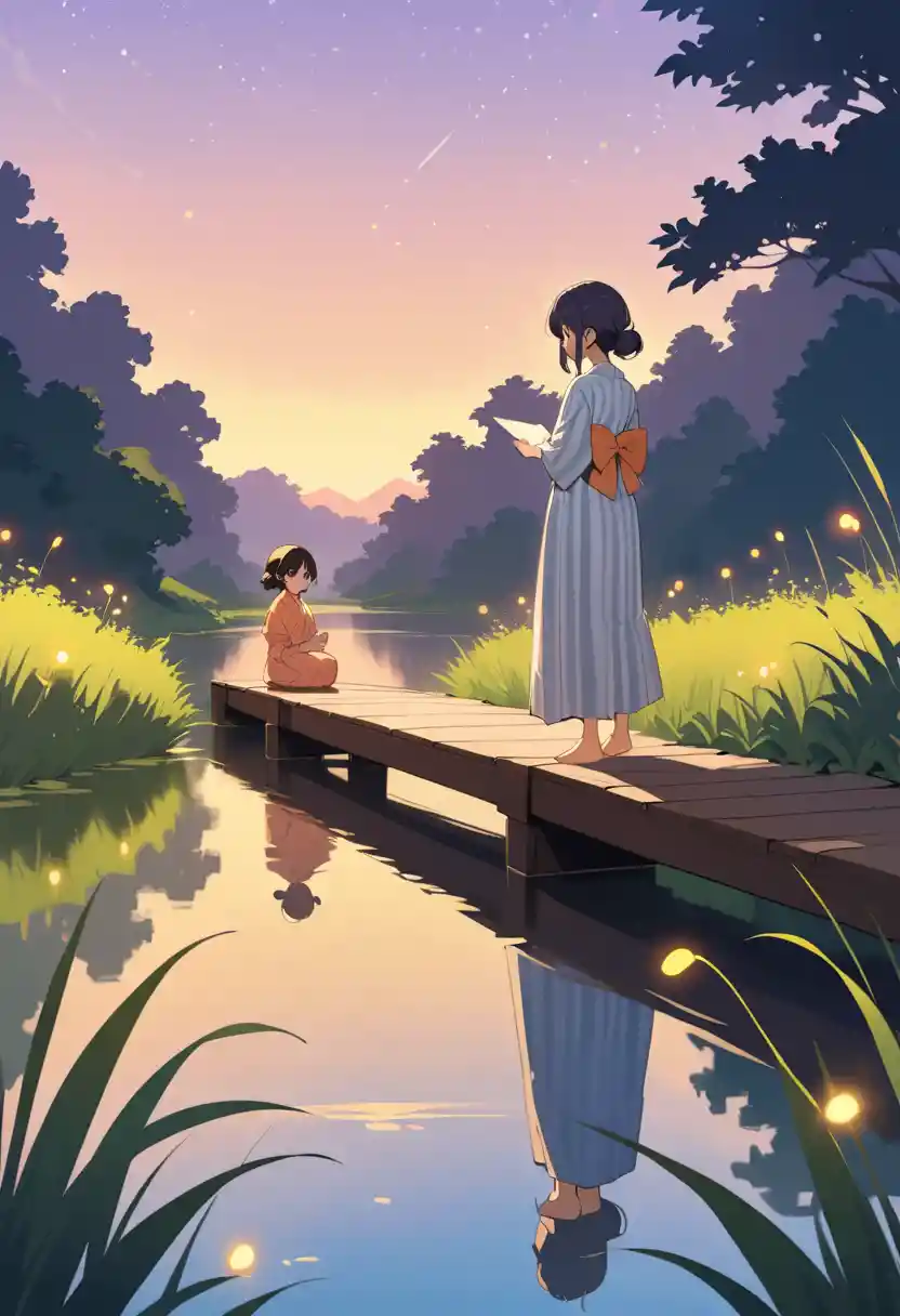Two girls on a wooden bridge at nostalgic summer sunset