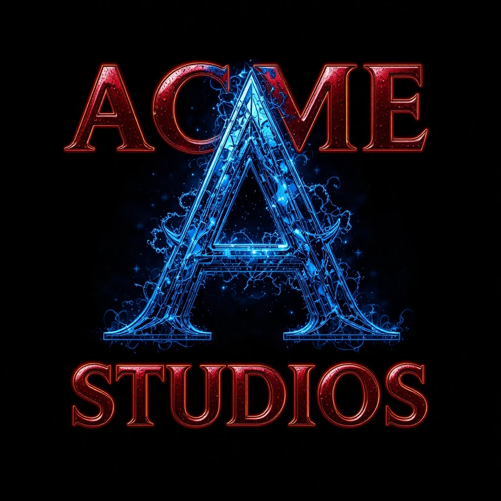 Shiny red studio logo with blue monogram on starry black background