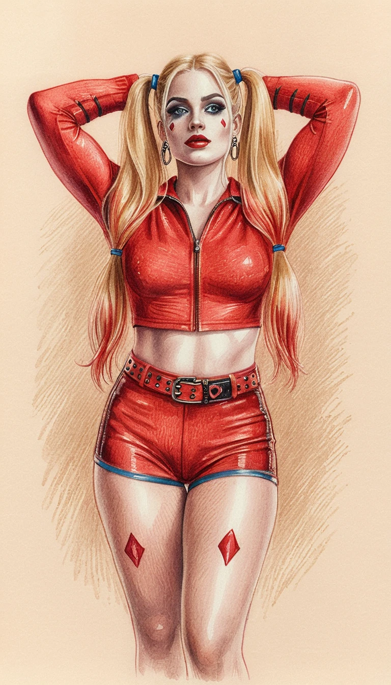 Curvy blonde woman in red latex outfit posing confidently