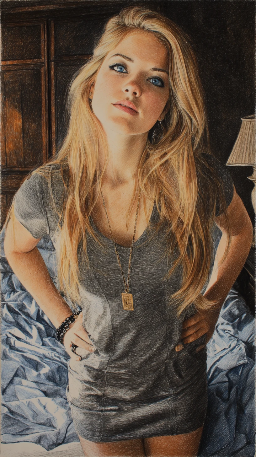 Blonde girl in grey dress posing confidently in bedroom